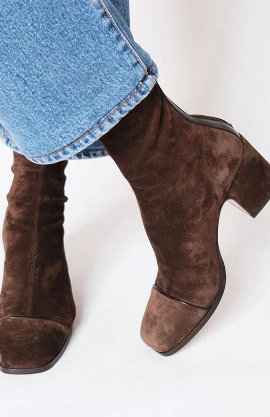 Delvara | Women's Heeled Boots Suede Square Toe - Dark Brown - Image 1