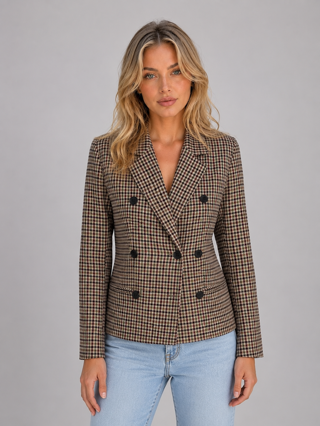 Delvora | Women's Checked Double Breasted Blazer - Image 1