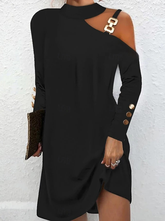 Delvora | Women's Knit Jumper Dress Cold Shoulder - Black - Image 1