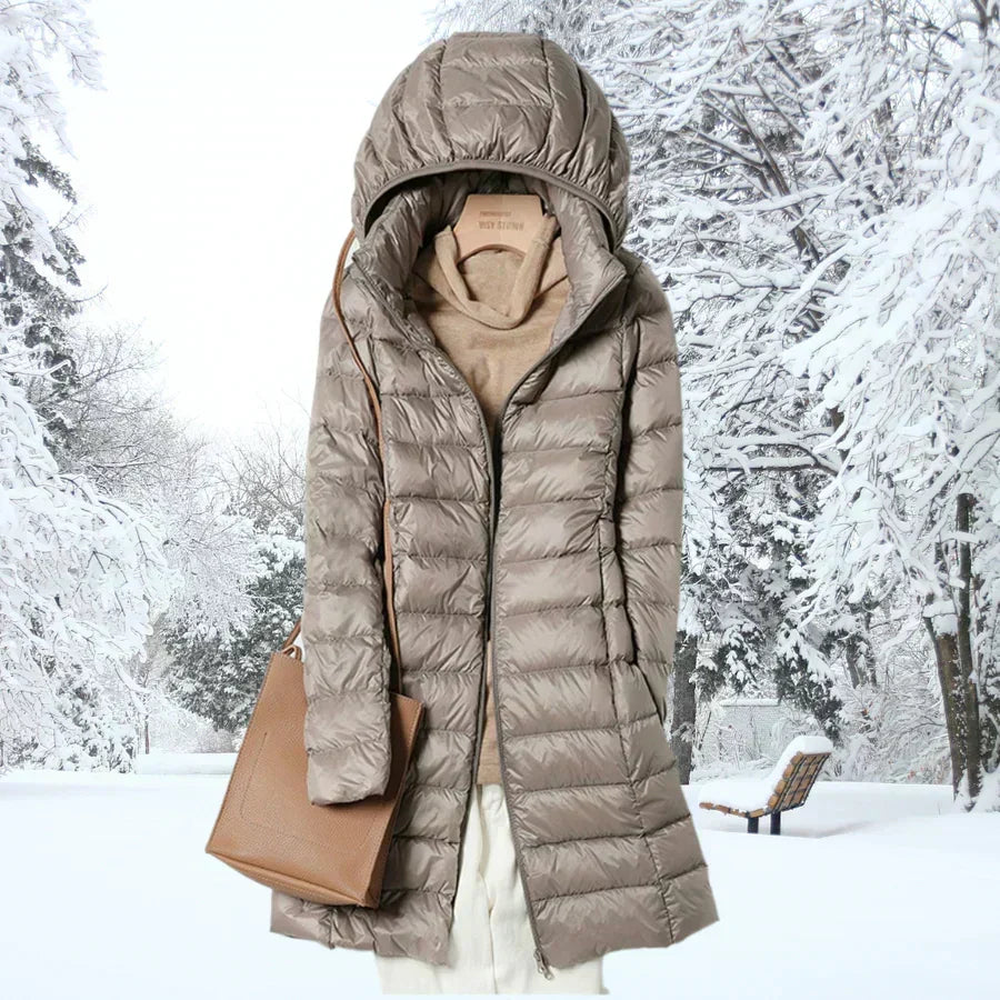 Delvorne | Women's Hooded Puffer Jacket Mid-Length - Taupe - Image 1