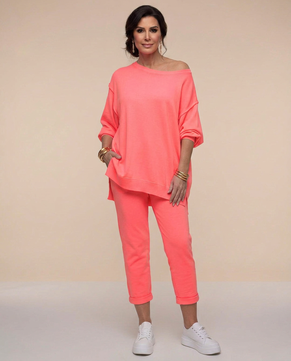 Delvorne | Women's Knit Lounge Set Oversized Top & Joggers - Coral - Image 1
