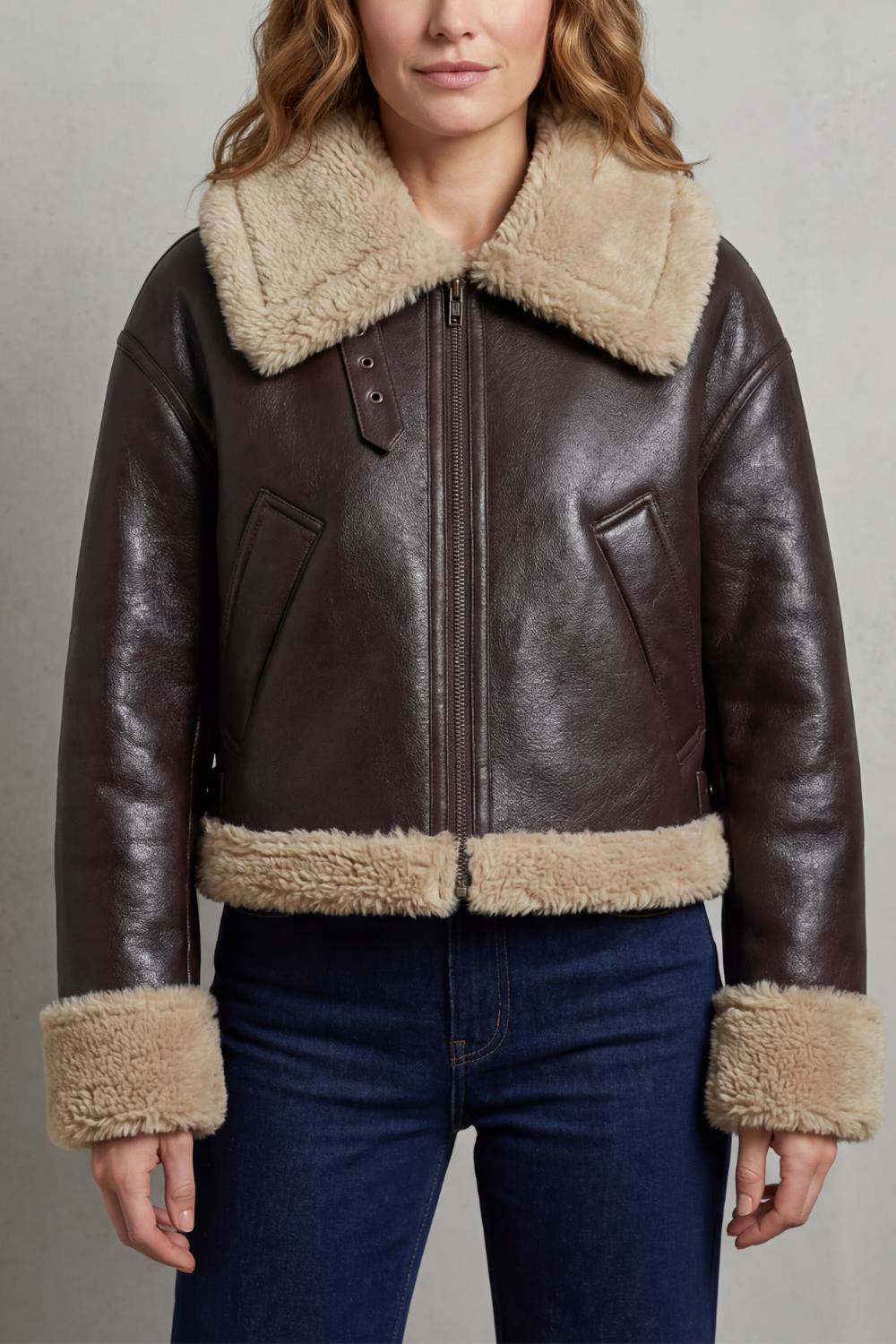 Delvorne | Women's Shearling Aviator Jacket - Dark Brown - Image 1