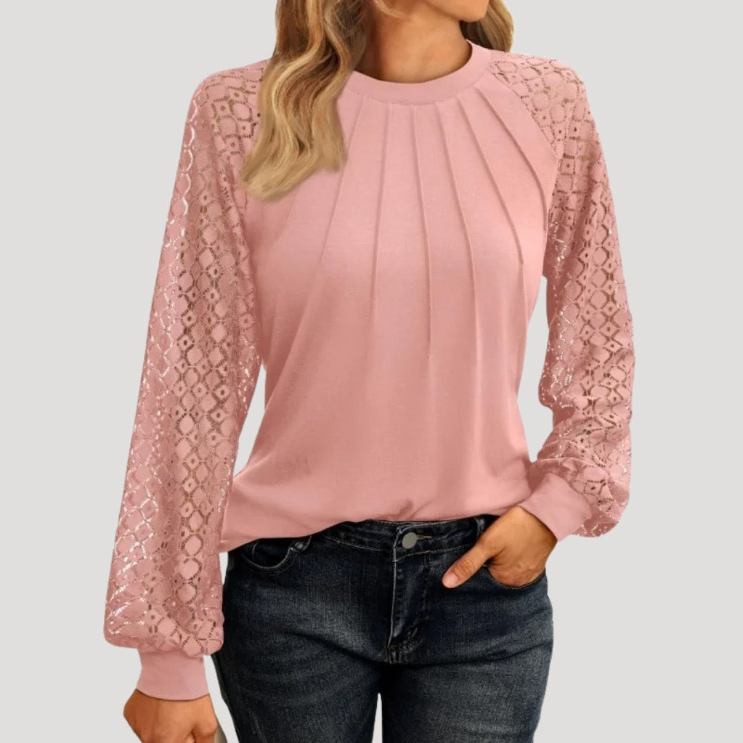 Doriane | Women's Lace Sleeve Round Neck Blouse - Pink - Image 1