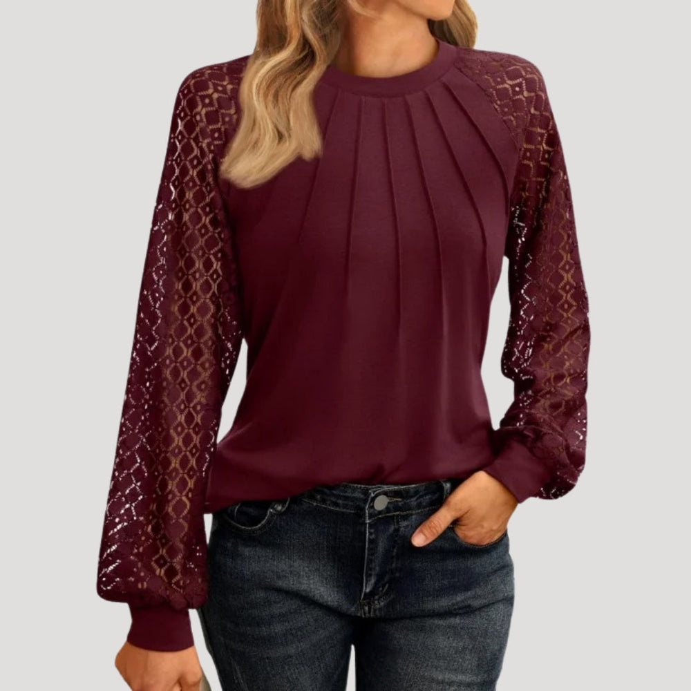 Doriane | Women's Lace Sleeve Round Neck Blouse - Pink - Image 2