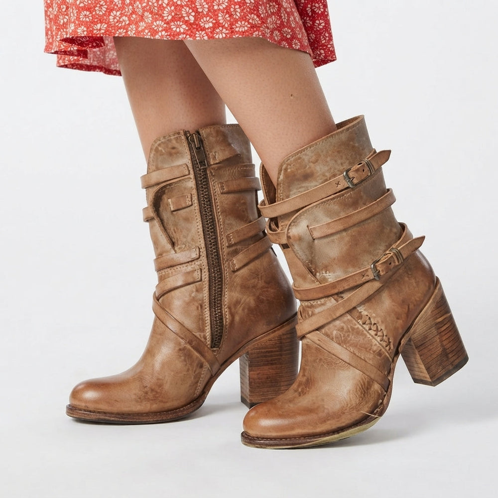 Dravella | Women's Heeled Biker Ankle Boots - Camel - Image 2
