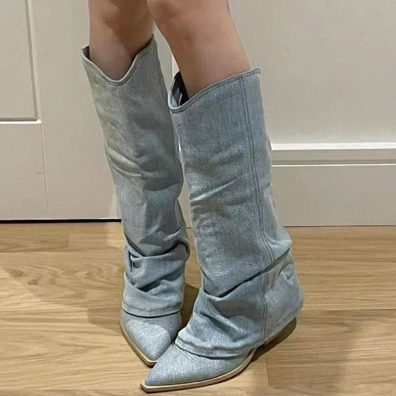 Dravelle | Women's Knee-High Slouch Winter Boots - Light Blue - Image 1