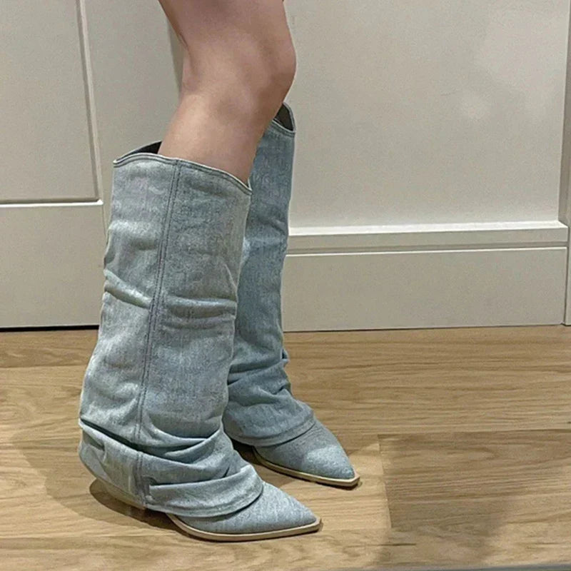 Dravelle | Women's Knee-High Slouch Winter Boots - Light Blue - Image 2