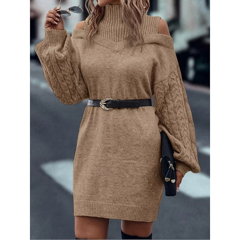 Dravorna | Women's Turtleneck Ribbed Jumper Dress - Camel - Image 2