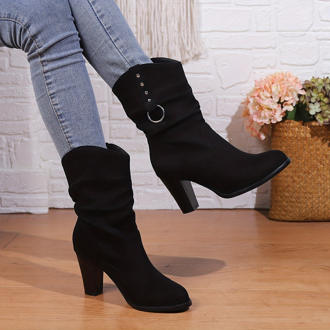 Drennelle | Women's Heeled Boots Slouchy Mid-Calf - Black - Image 1