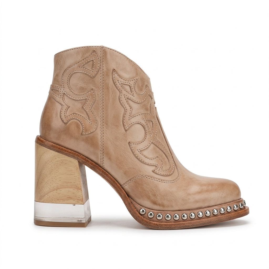 Drevorn | Women's Heeled Western Ankle Boots - Taupe - Image 1