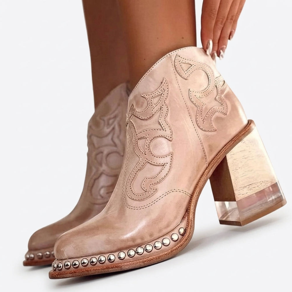 Drevorn | Women's Heeled Western Ankle Boots - Taupe - Image 2