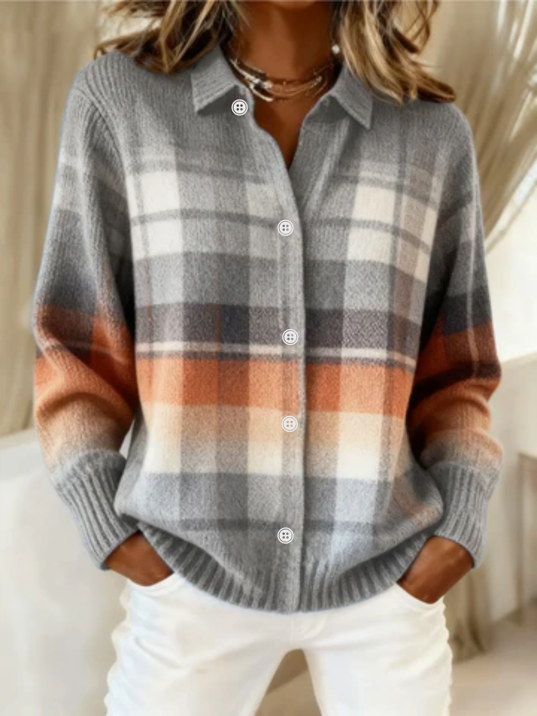 Edwina | Women's Plaid Button-Up Cardigan - Grey - Image 1