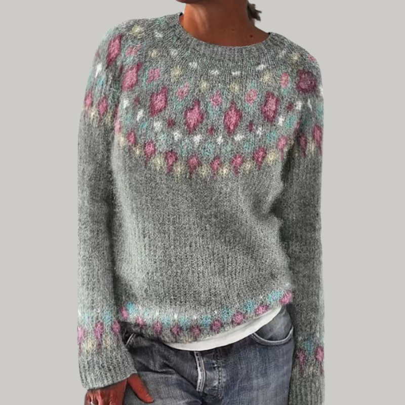 Eirwen | Women's Nordic Knit Jumper with Fair Isle Yoke - Grey - Image 1
