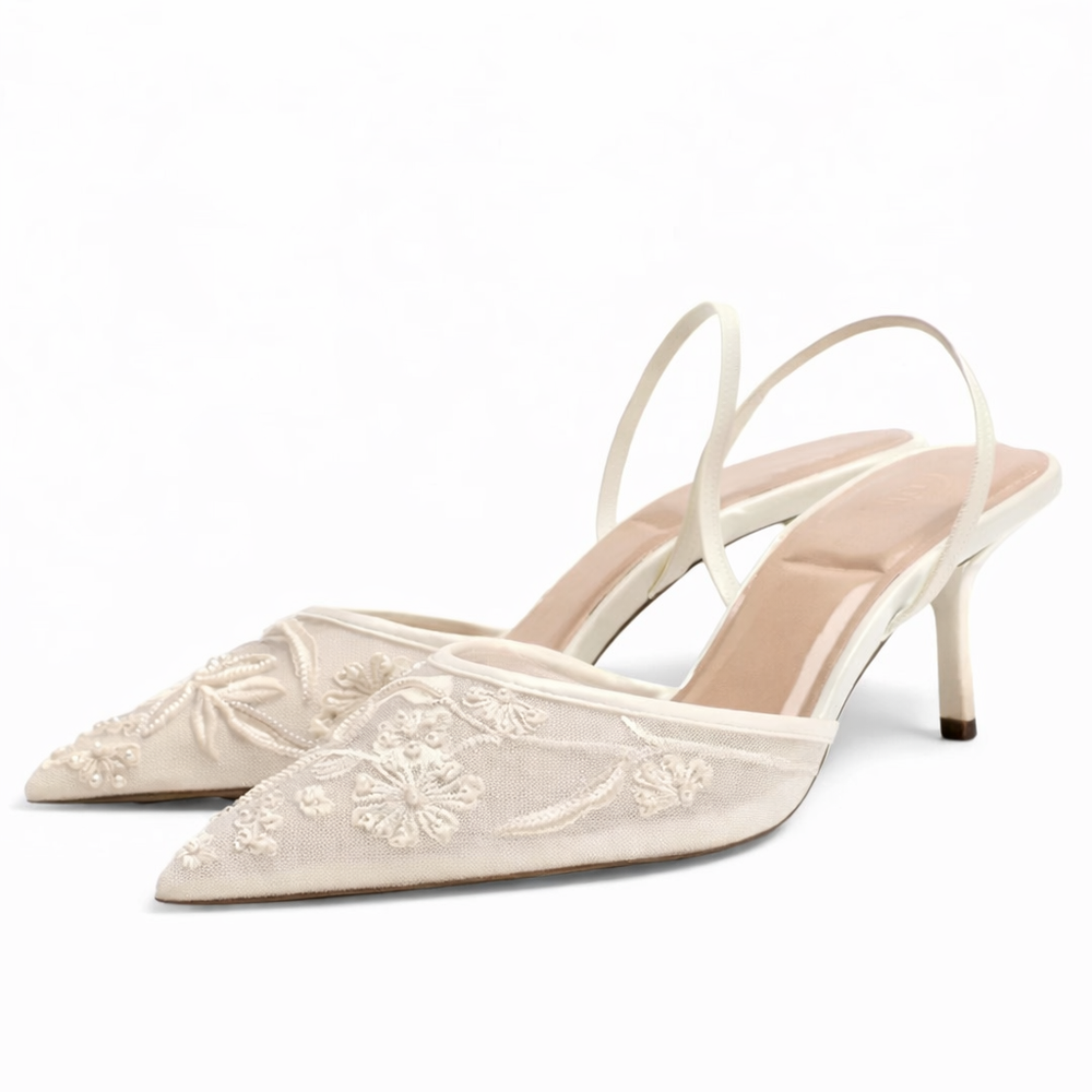 Elowen | Women's Floral Embroidered Slingback Kitten Heel - Cream - Image 2