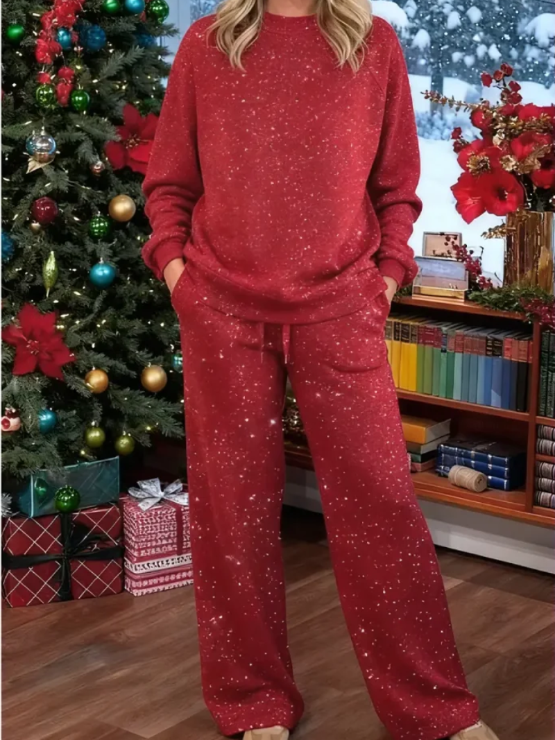 Elowyn | Women's Knit Jumper & Wide-Leg Lounge Set - Red - Image 1