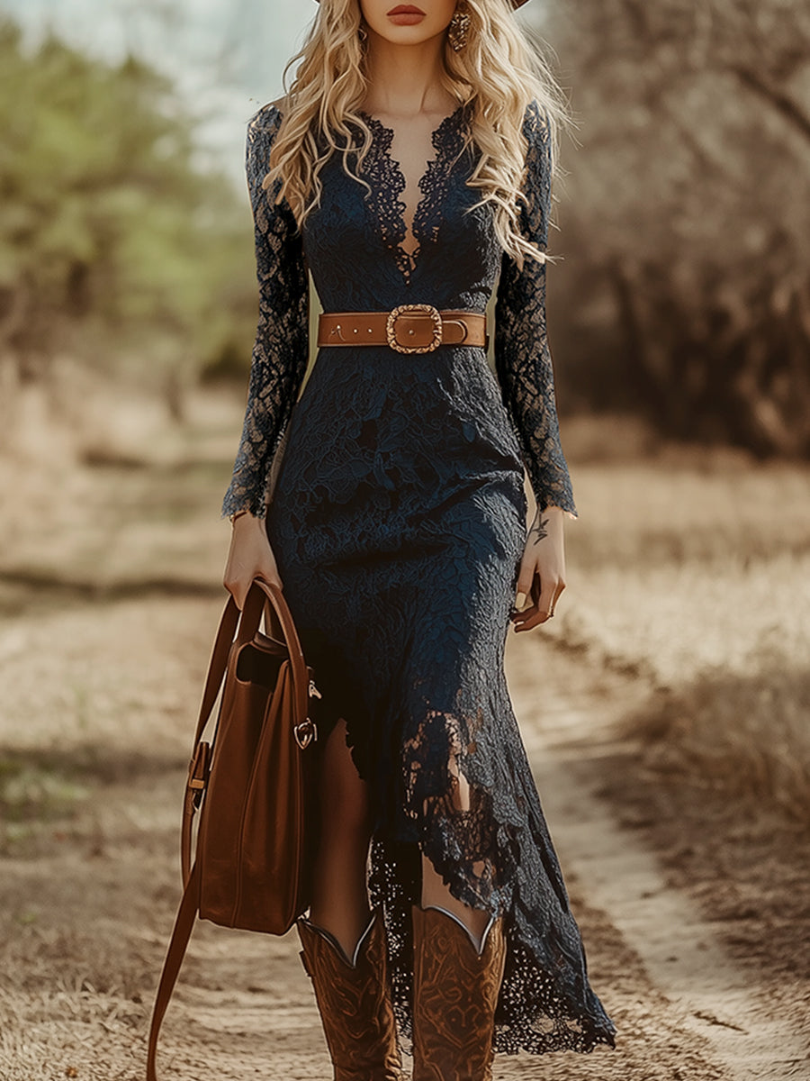 Elspeth | Women's V-Neck Long Sleeve Lace Midi Dress - Image 1