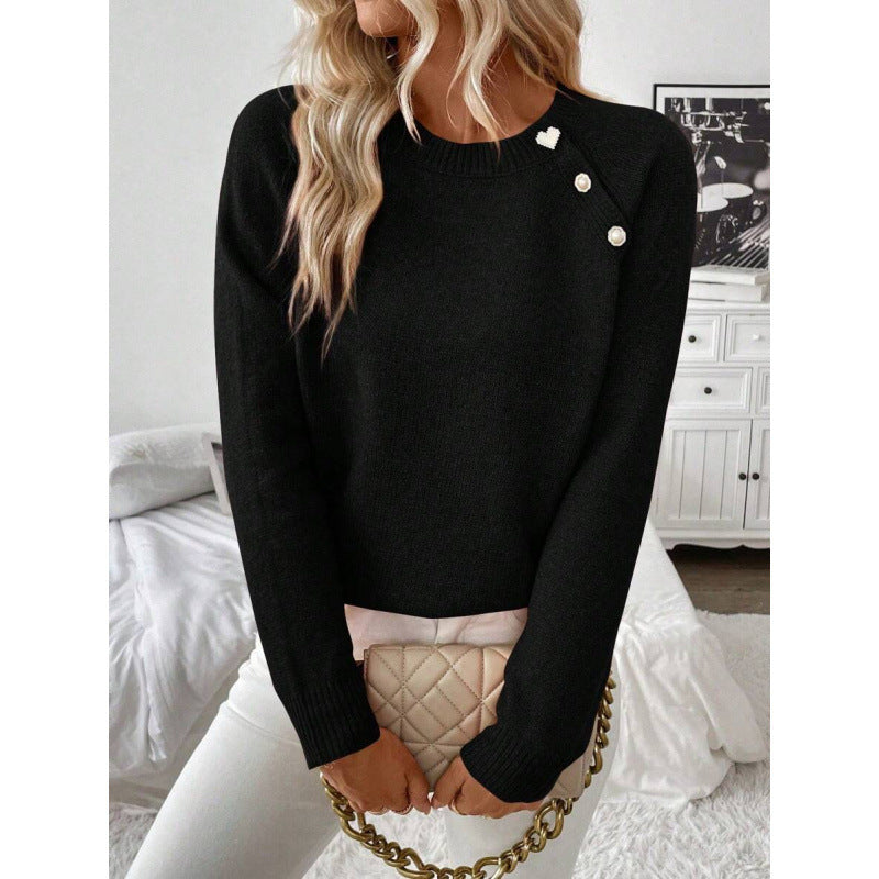 Eluned | Women's Round Neck Button Detail Long Sleeve Sweater - Image 1