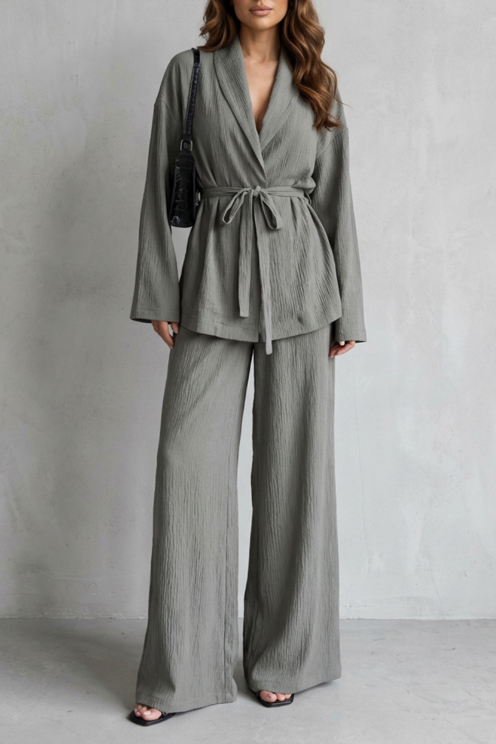 Elvindra | Women's Knit Lounge Set Wide-Leg Co-ord - Sage - Image 1