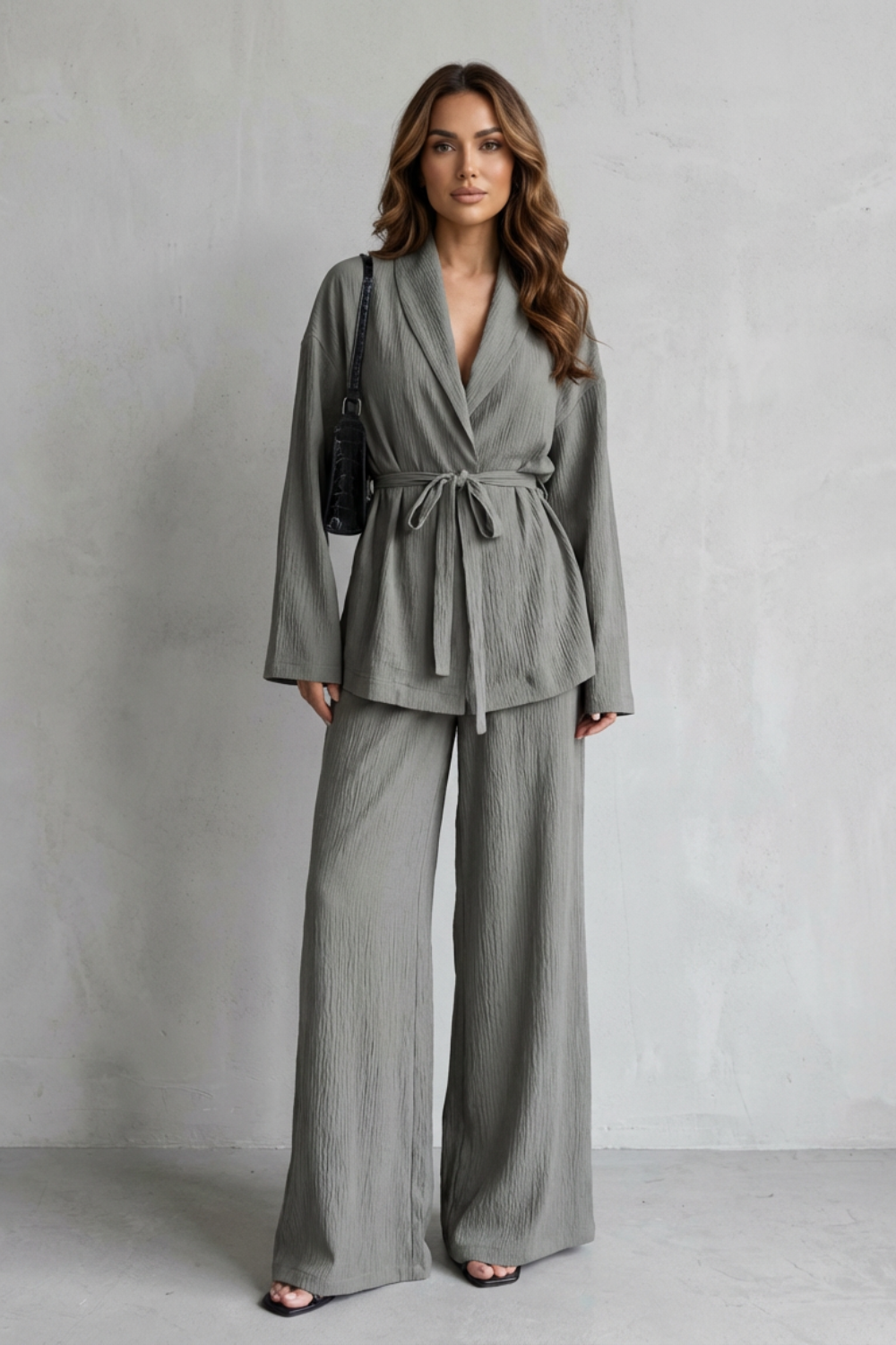 Elvindra | Women's Knit Lounge Set Wide-Leg Co-ord - Sage - Image 2