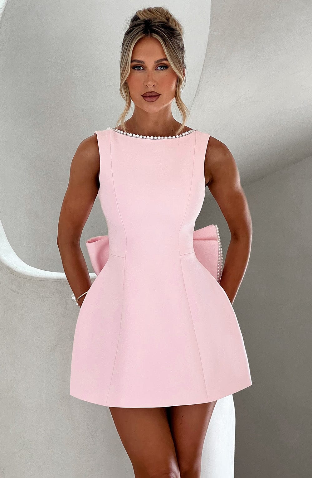 Elysia | Women's Pearl Trim A-Line Sleeveless Mini Dress - Image 1