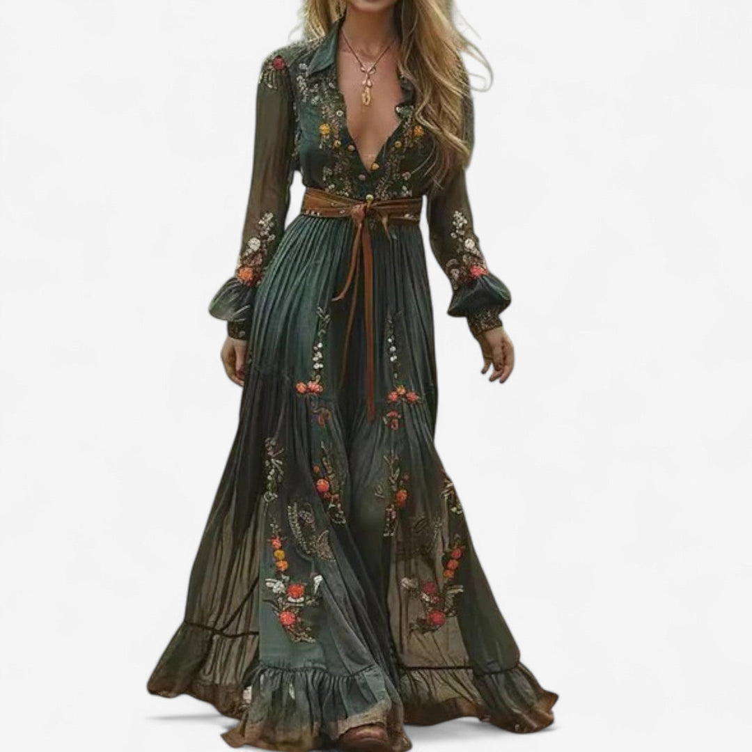 Elysianne | Women's Embroidered Floral Long Sleeve Maxi Dress - Green - Image 1