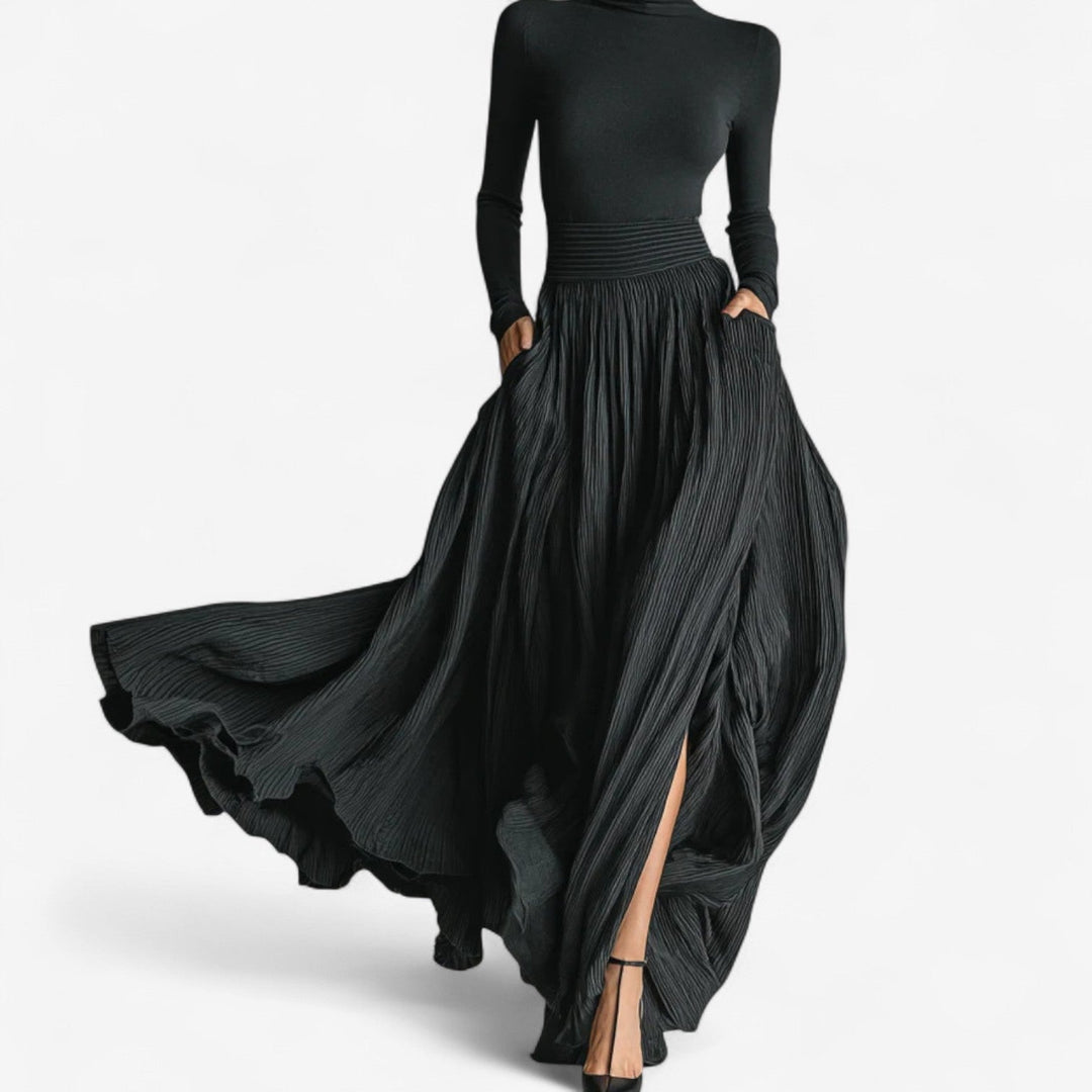 Emilia | Women's Long Sleeve Mock Neck Maxi Dress - Black - Image 1
