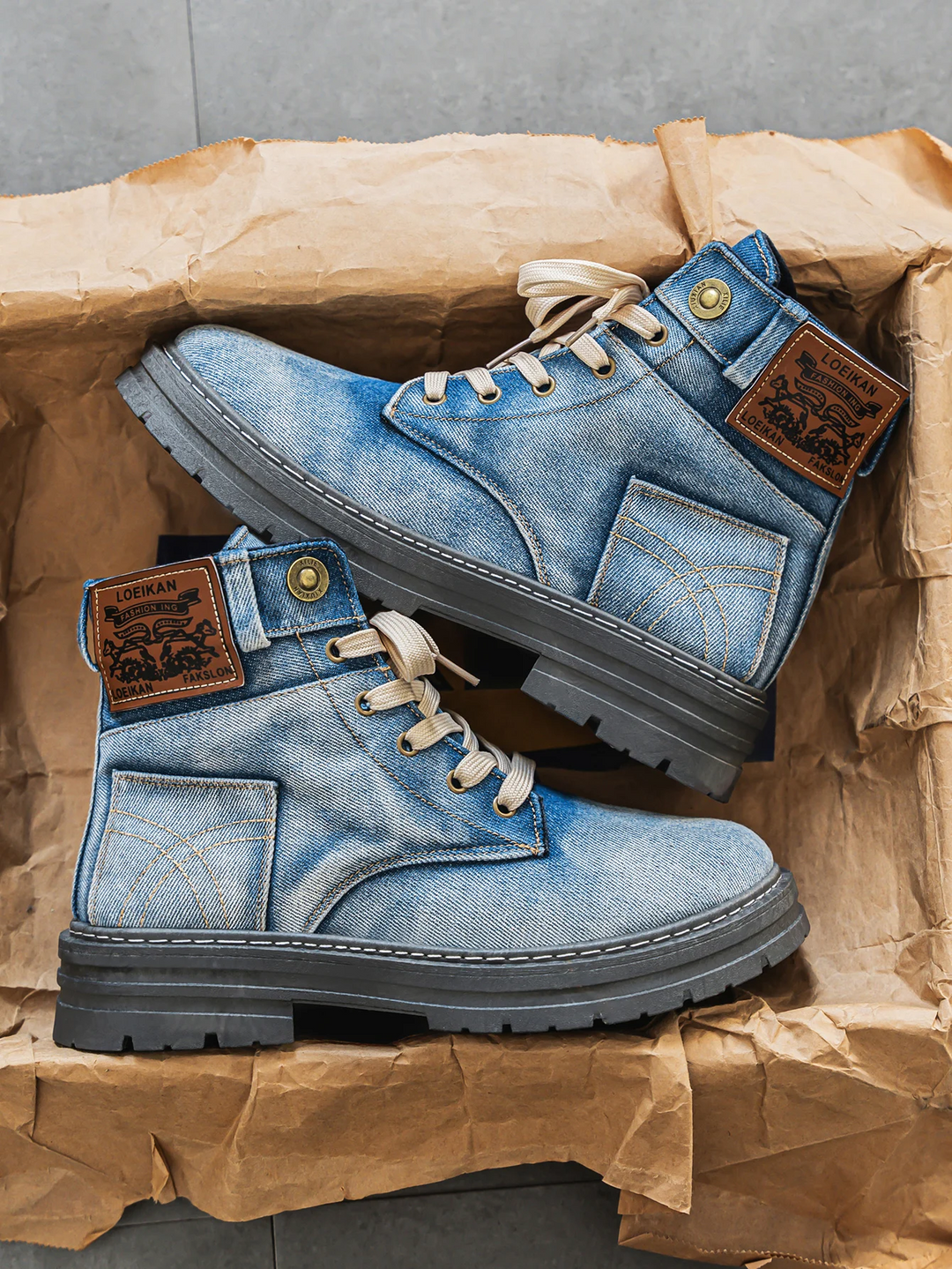 Endric | Men's Denim Lace-Up Ankle Boot Chunky Sole - Light Blue - Image 1
