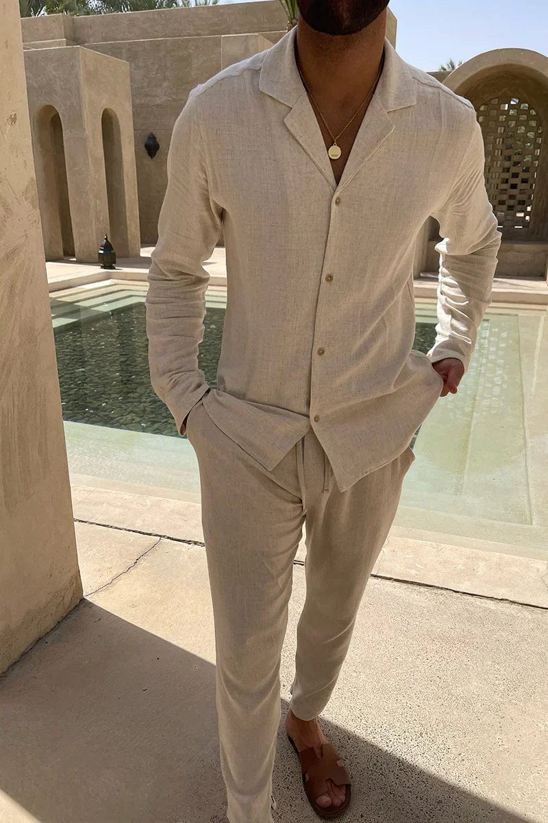 Enzo | Men's Cuban Collar Long Sleeve Shirt & Pants Set - Beige - Image 1