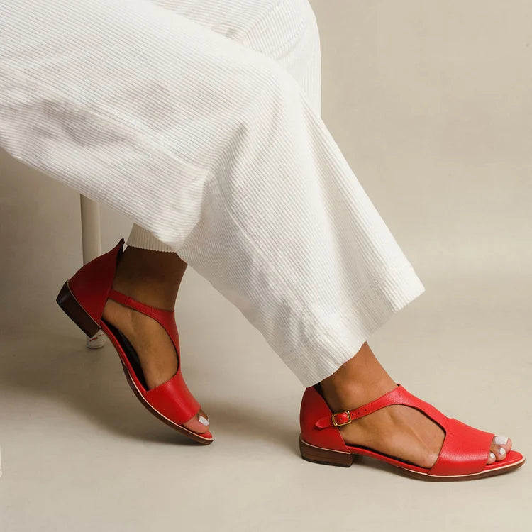 Estella | Women's Ankle Strap Flat Sandals - Red - Image 1