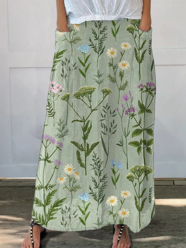 Eudora | Women's Floral Botanical Print Maxi Skirt - Light Green - Image 1
