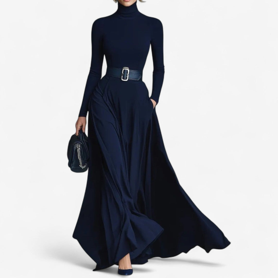 Eulalie | Women's Mock Turtleneck Long Sleeve Maxi Dress - Navy - Image 1