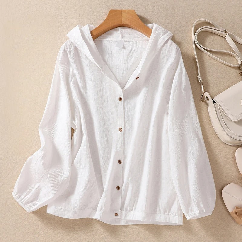 Evadne | Women's Hooded Long Sleeve Button Shirt - Image 1