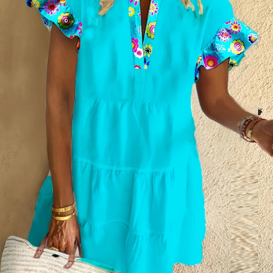 Evangeline | Women's Floral V-Neck Flutter Sleeve Dress - Teal - Image 1