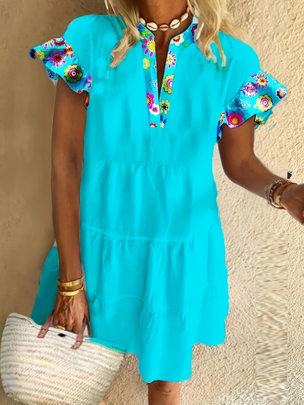 Evangeline | Women's Floral V-Neck Flutter Sleeve Dress - Teal - Image 2