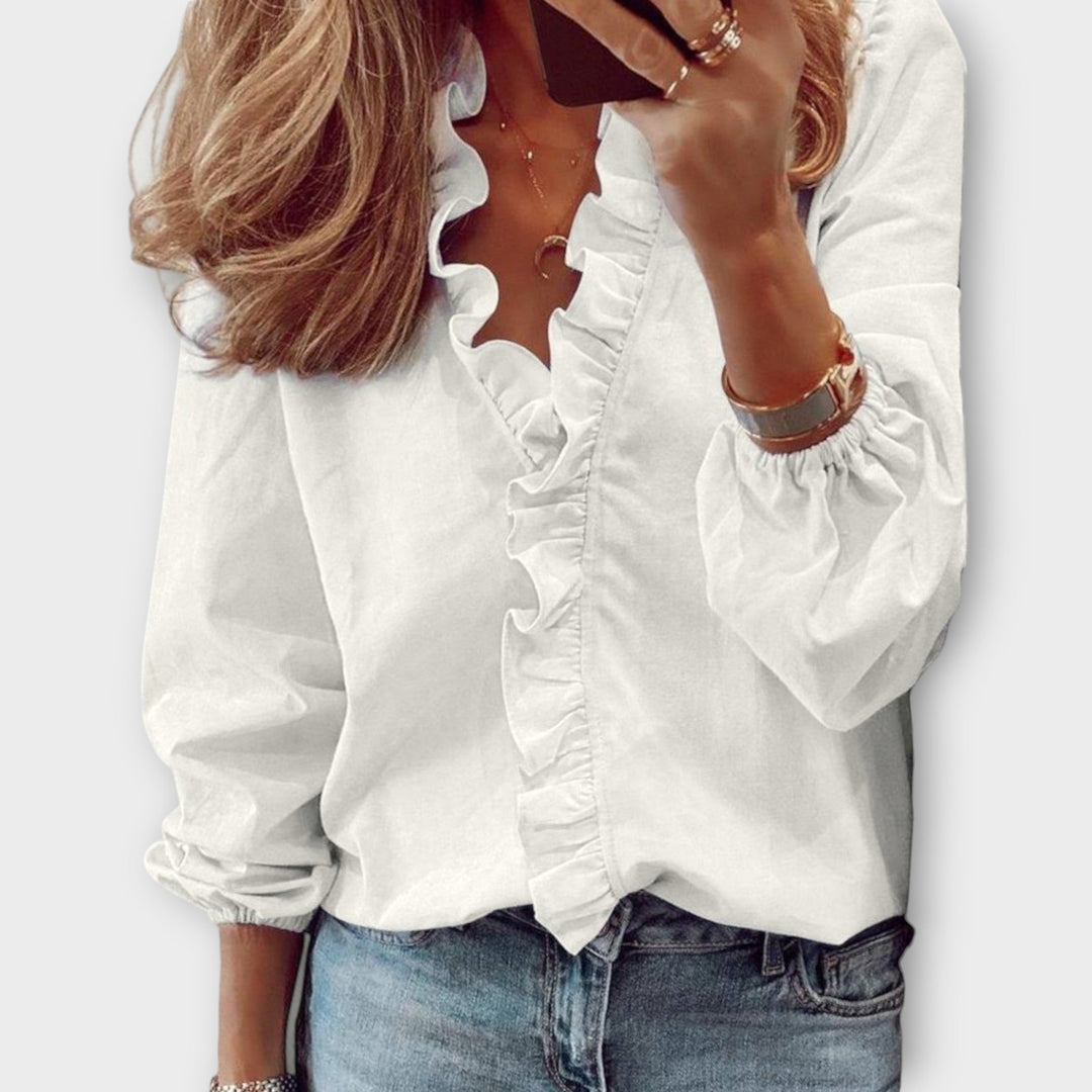 Evangeline | Women's Ruffle V-Neck Long Sleeve Blouse - Image 1