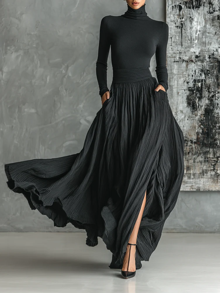 Evangelyn | Women's Mock Neck Long Sleeve Pleated Maxi Set - Black - Image 1