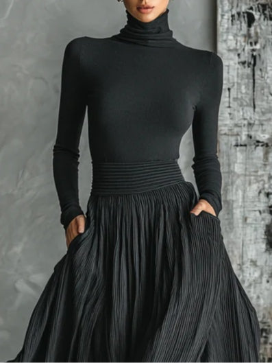 Evangelyn | Women's Mock Neck Long Sleeve Pleated Maxi Set - Black - Image 2