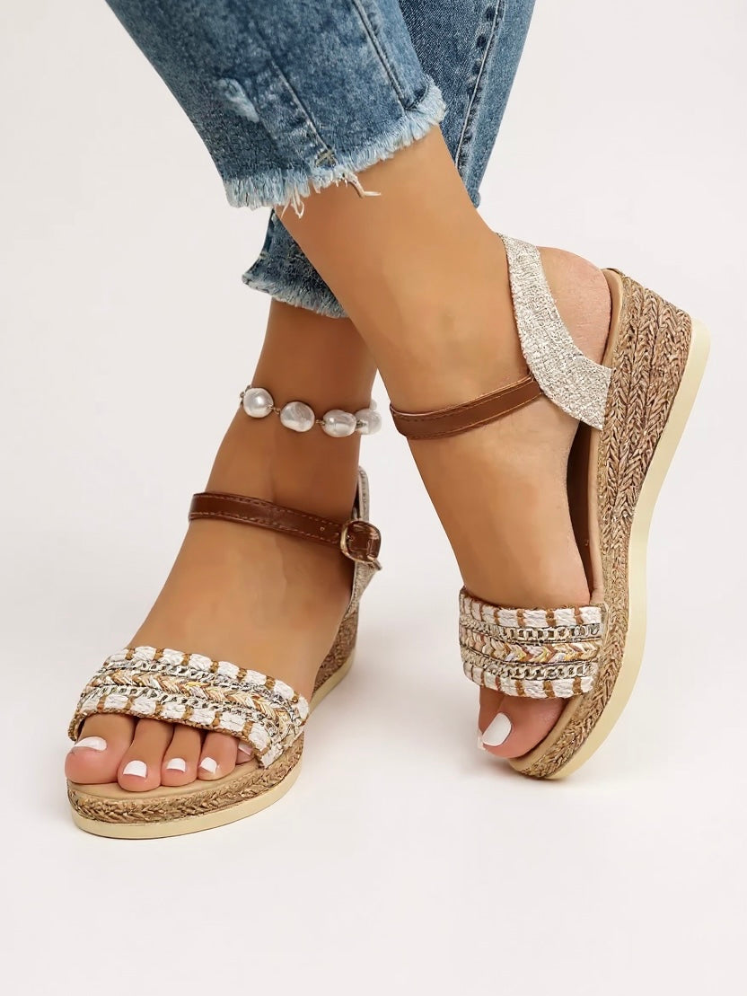 Evelyn | Women's Braided Strap Wedge Sandals - Beige - Image 1