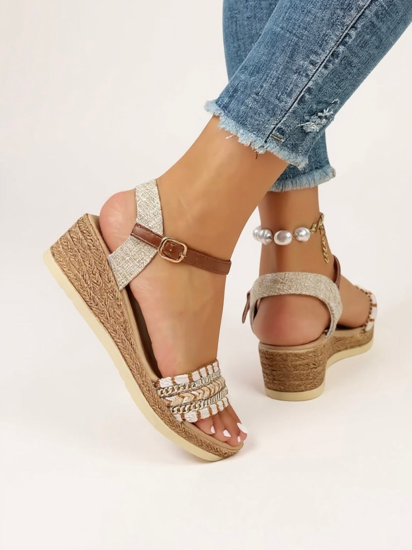 Evelyn | Women's Braided Strap Wedge Sandals - Beige - Image 2
