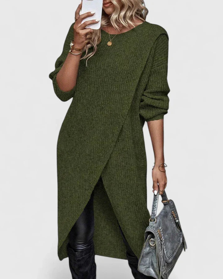 Fenella | Women's Knit Sweater Dress with Wrap Hem - Grey - Image 2