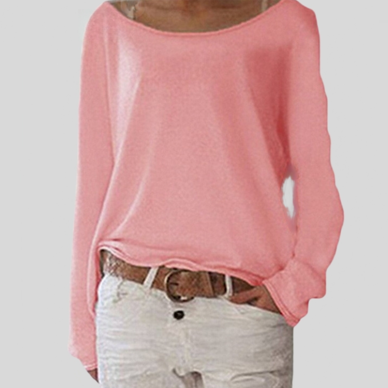 Fenella | Women's Round Neck Long Sleeve Relaxed Top - Pink - Image 1