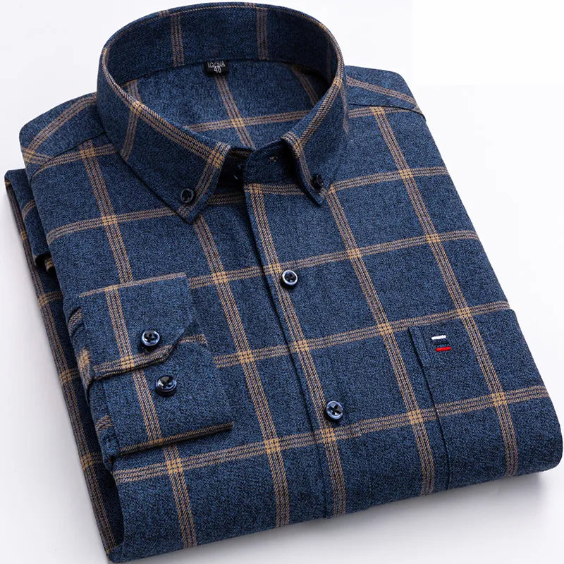 Fenwick | Men's Plaid Long Sleeve Button-Down Shirt - Navy - Image 1