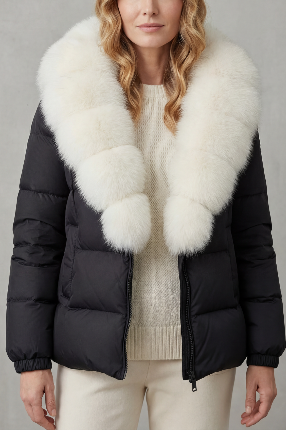 Fenwick | Women's Puffer Jacket with Faux Fur Trim - Black - Image 1