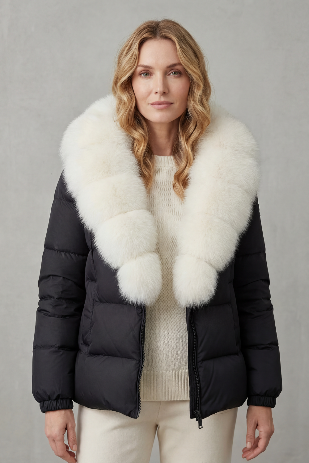 Fenwick | Women's Puffer Jacket with Faux Fur Trim - Black - Image 2