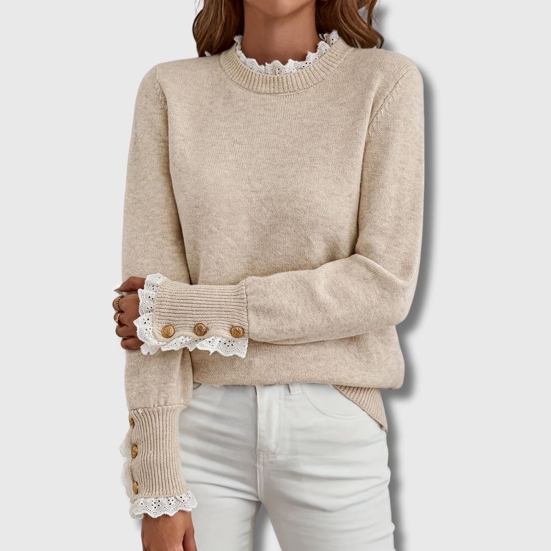 Fenwra | Women's Chunky Knit Jumper with Lace Cuffs - Beige - Image 1
