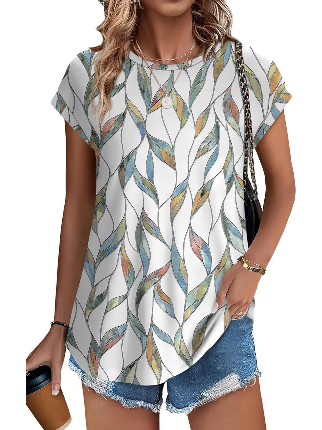 Finola | Women's Leaf Print Short Sleeve Crew Neck Top - Image 1