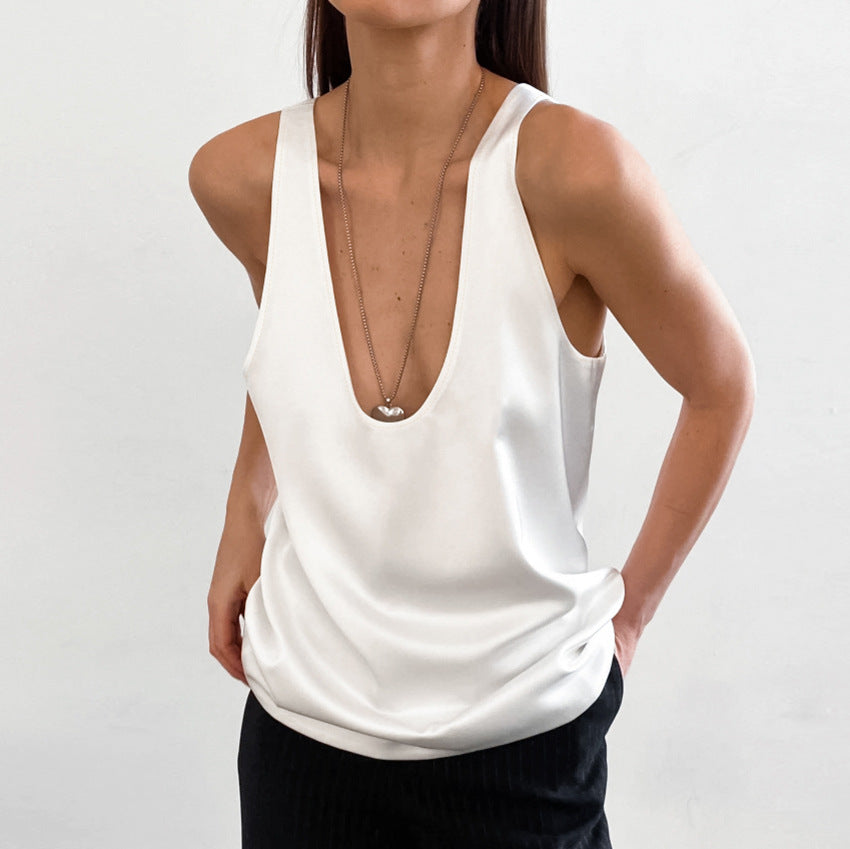 Fiona | Women's Deep Scoop Neck Sleeveless Top - White - Image 1