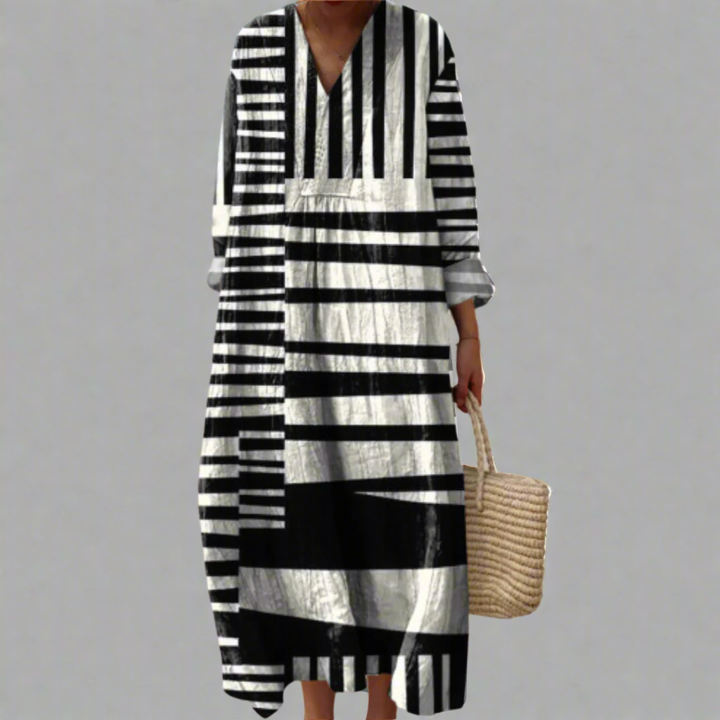 Fiona | Women's Striped V-Neck Long Sleeve Maxi Dress - Image 1