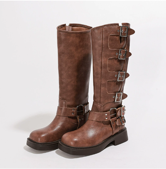 Fiorella | Women's Buckle Knee High Boots - Brown - Image 1