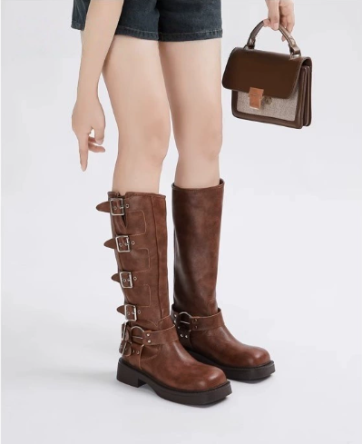 Fiorella | Women's Buckle Knee High Boots - Brown - Image 2